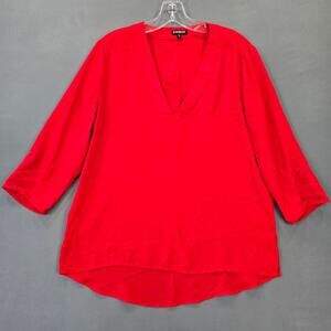 Express Red Shirt Sheer Pullover V-Neck Blouse 3/4 Roll Tab Sleeves Women Size M